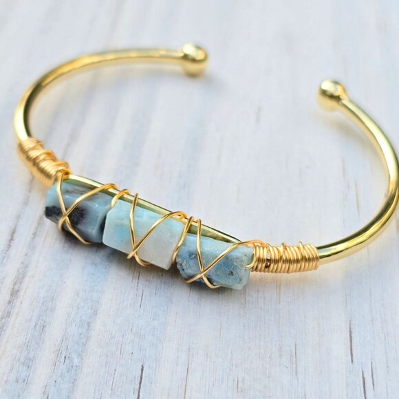 Larimar 3-Stone Wire Wrap Cuff โ 14Kt Gold Over Copper โ Ocean Calm Talisman - Picture 5 of 13